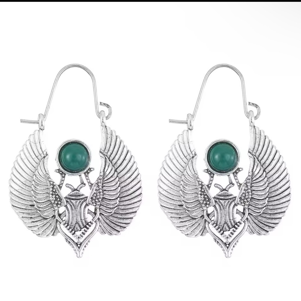 Vintage Egyptian Sacred Wings & Moth Antique Silver Dangle Earrings - Picture 2 of 5